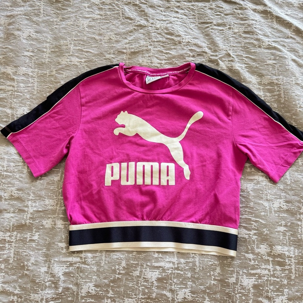Puma Fuchsia Tee with Black and Cream Details, Size M